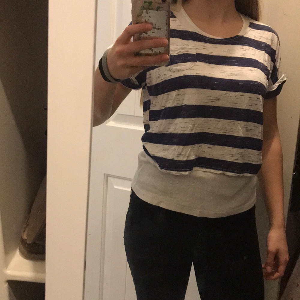cropped blue and white striped shirt
